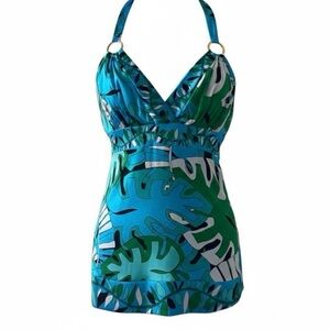 NEW Bebe Green and Blue Tropical Palm Leaf Print Halter Top Size Medium